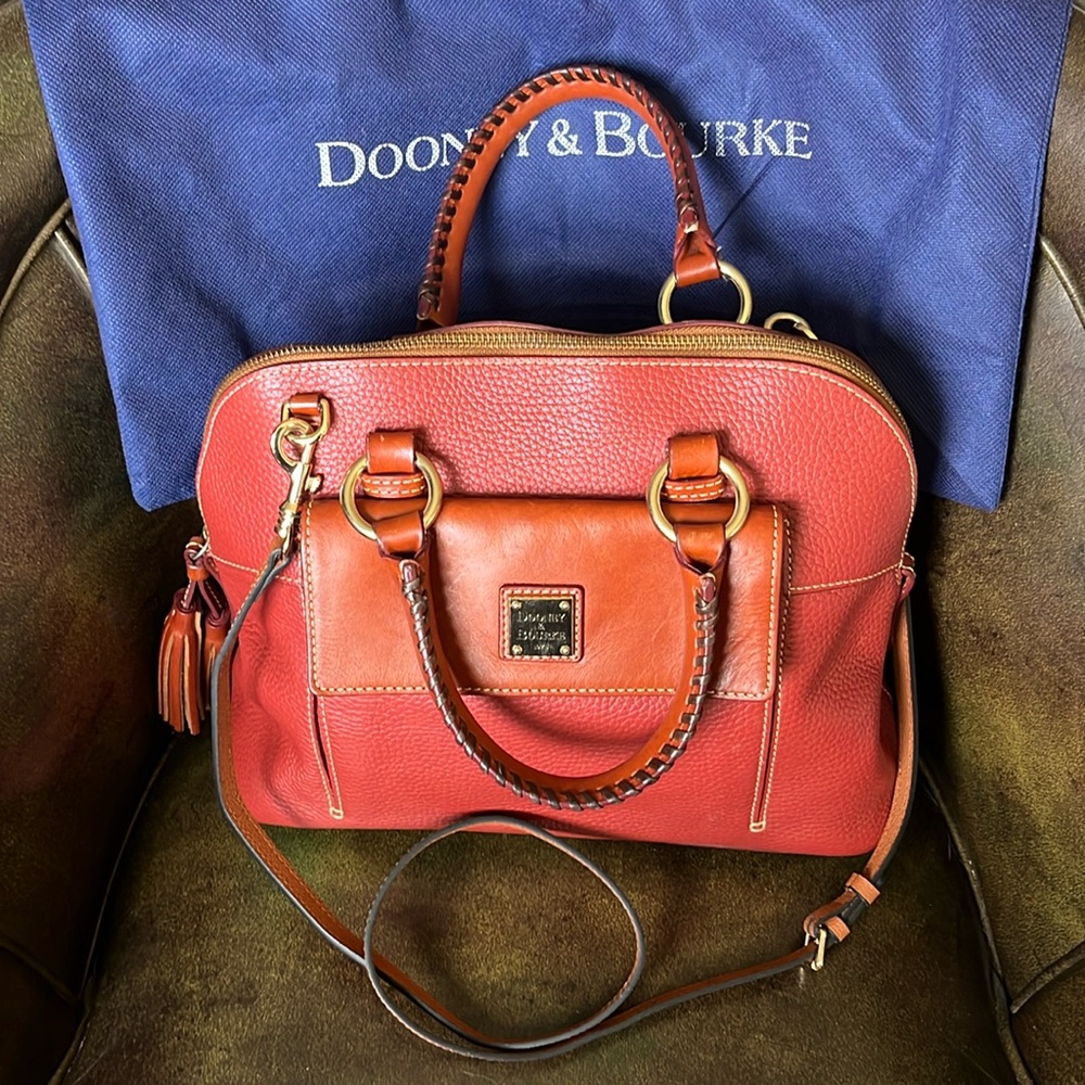 Dooney & Bourke Red Pebbled & Tan Vacchetta Leather Satchel w/shoulder strap-EUC